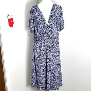Connected Blue & White Print Midi-Dress, V-neckline with  Knot Accent, Size 16W